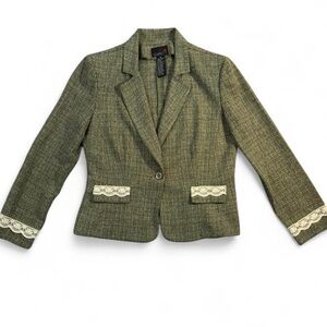 Vintage Scarlett Women’s Olive Green Tweed Blazer Lace Trim Size 10 Cottagecore